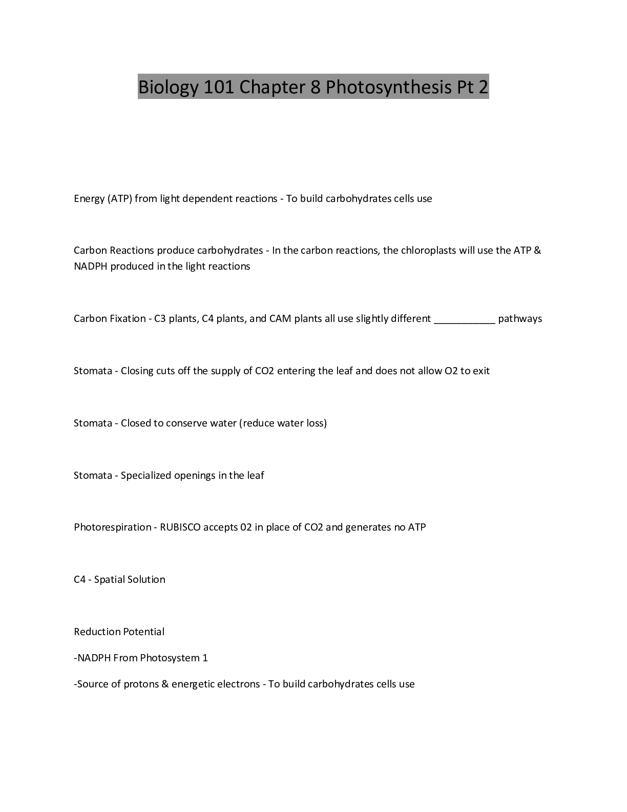 Preview image of Biology 101 Chapter 8 Photosynthesis Pt 2 document